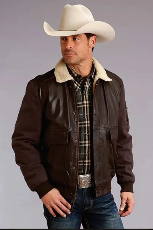 Stetson Bomber Style (Brown) - Men's Leather & Canvas Jacket made by Stetson