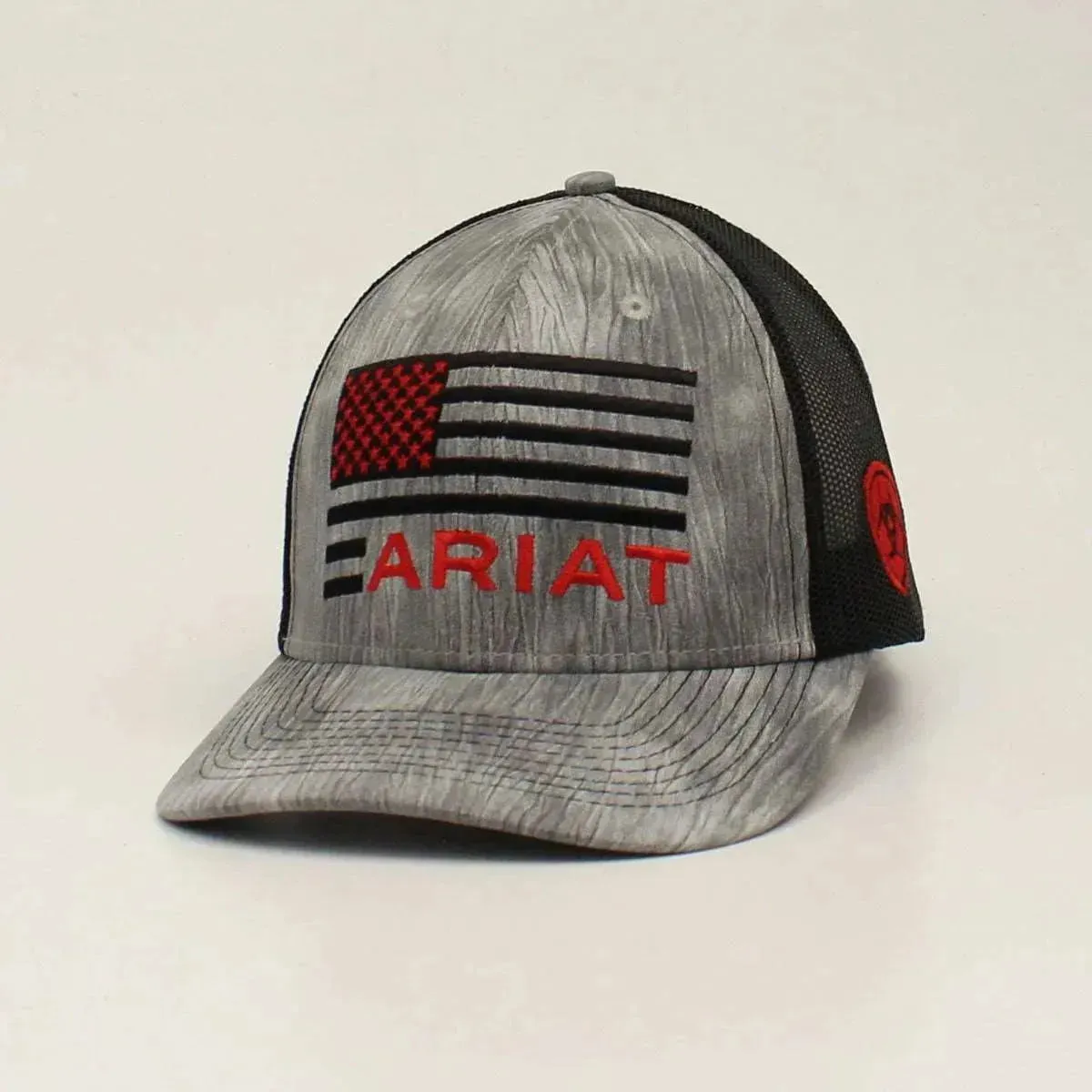 ARIAT Flag Shield Logo (Heathered Grey/Black) - Trucker Cap sold by Hat Country