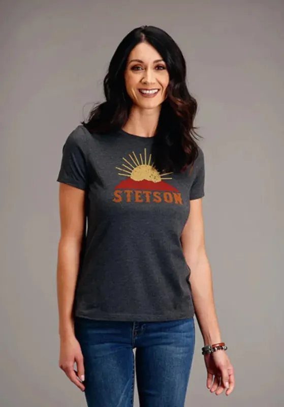 Stetson Sunset and Mountain (Grey) - Women's Short Sleeve T-Shirt sold by Hat Country