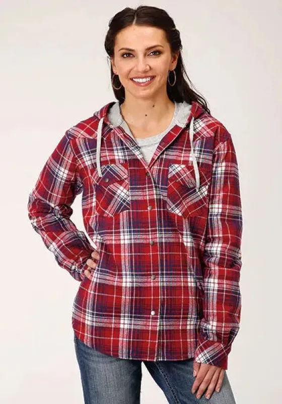 Roper Thermal Flannel Hoodie (Wine) - Women's Flannel Button Down Hoodie Sweatshirt sold by Hat Country