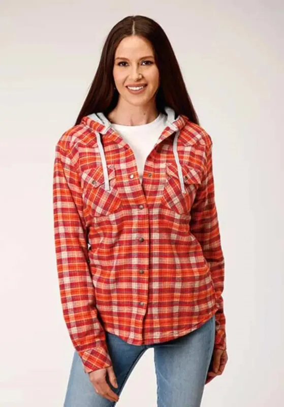 Roper Thermal Flannel Hoodie (Orange) - Women's Flannel Button Down Hoodie Sweatshirt sold by Hat Country