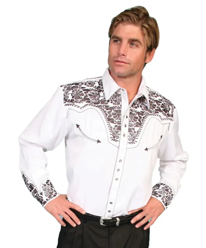 Scully Floral Tooled Embroidery - Men's Western Shirt (Pewter) made by Scully