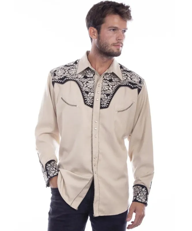 Scully Floral Tooled Embroidery - Men's Western Shirt (Tan/Black) sold by Hat Country