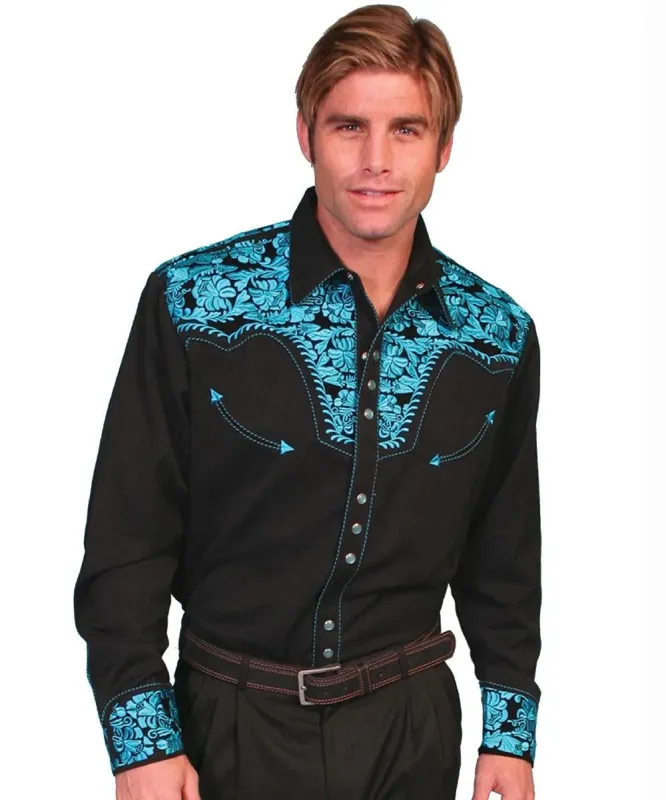 Scully Floral Tooled Embroidery - Men's Western Shirt (Black/Turquoise) made by Scully