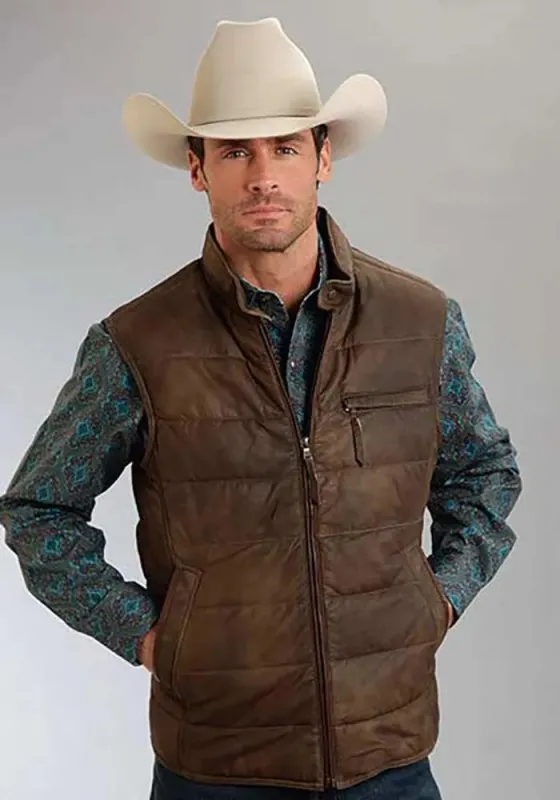 Stetson Suede Puffer Vest (Brown) - Men's Leather Vest sold by Hat Country