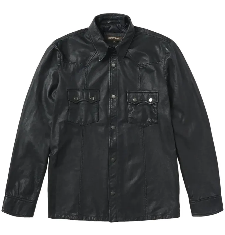 Stetson Leather Western Shirt Jacket (Black) - Men's Leather Jacket sold by Hat Country