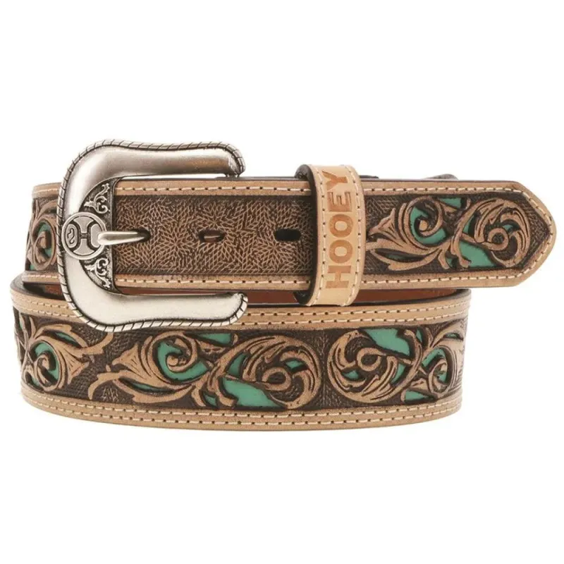 HOOey Top Notch Hand Tooled (Natural/Turquoise) - Mens Western Leather Belt made by Hat Country