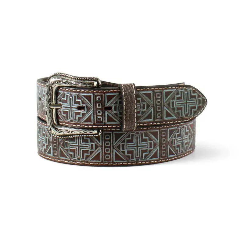Ariat Blue Tooled Aztec Cross- Womans Leather Belt sold by Hat Country