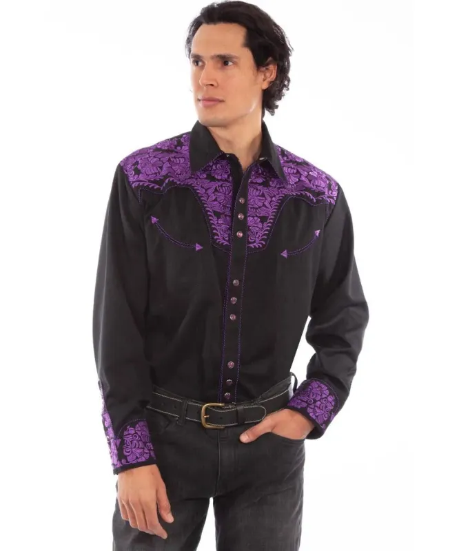 Scully Floral Tooled Embroidery - Men's Western Shirt (Purple/Black) made by Hat Country