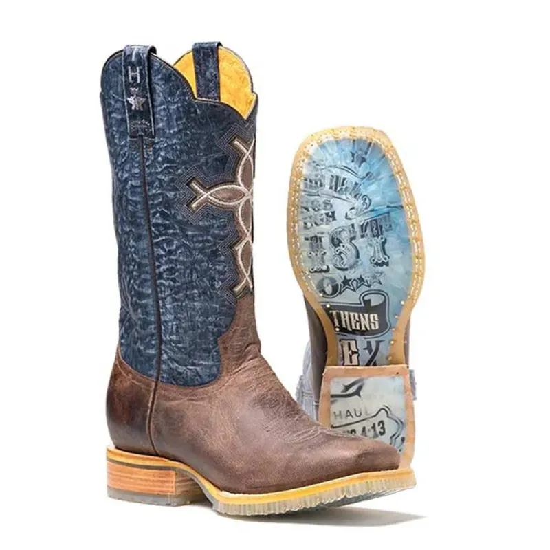 Tin Haul Ichtusacross / Strength Lug Sole (Sanded Blue / Waxy Sand Brown) - Mens Leather Cowboy Boot sold by Hat Country