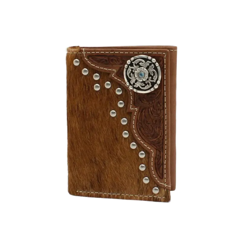 Nocona Trifold Calf Hair Tooled Round Concho - Rodeo Wallet made by Nocona