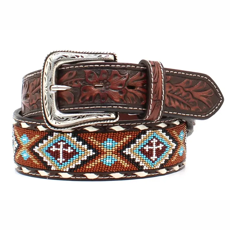 Nocona Adobe Trail Beaded Cross  - Men's Leather Belt made by Nocona