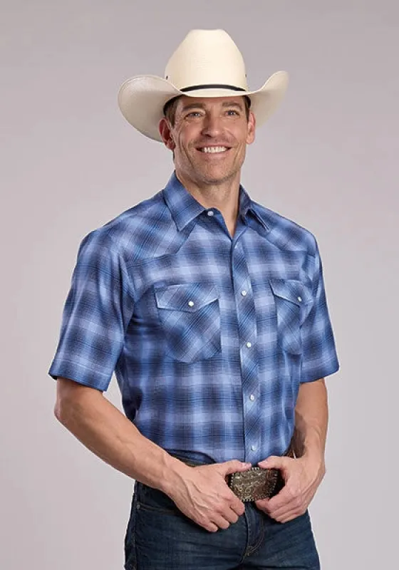 Roper 3034 Woven Plaid (Blue) - Men's Short Sleeve Western Shirt made by Roper