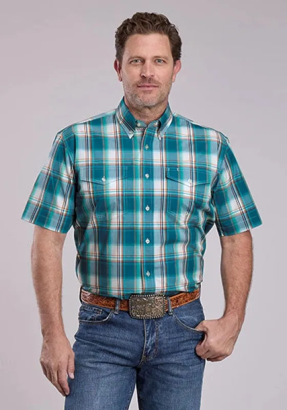 Roper 2890 Sunset Plaid (Turquoise) - Men's Short Sleeve Shirt made by Roper