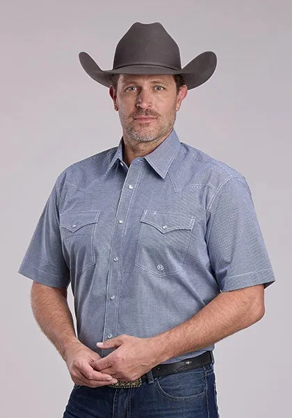 Roper 2892 Stretch Minicheck (Blue) - Men's Short Sleeve Shirt sold by Hat Country