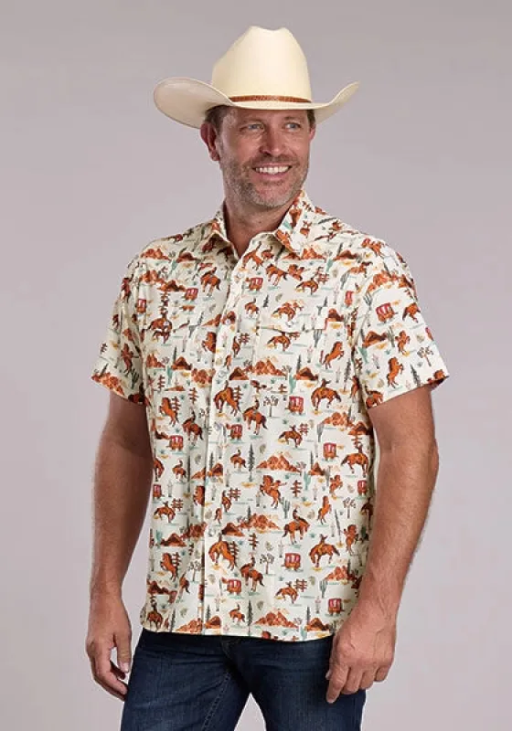 Roper 3012 Scenic Print (Orange) - Men's Short Sleeve Shirt made by Roper