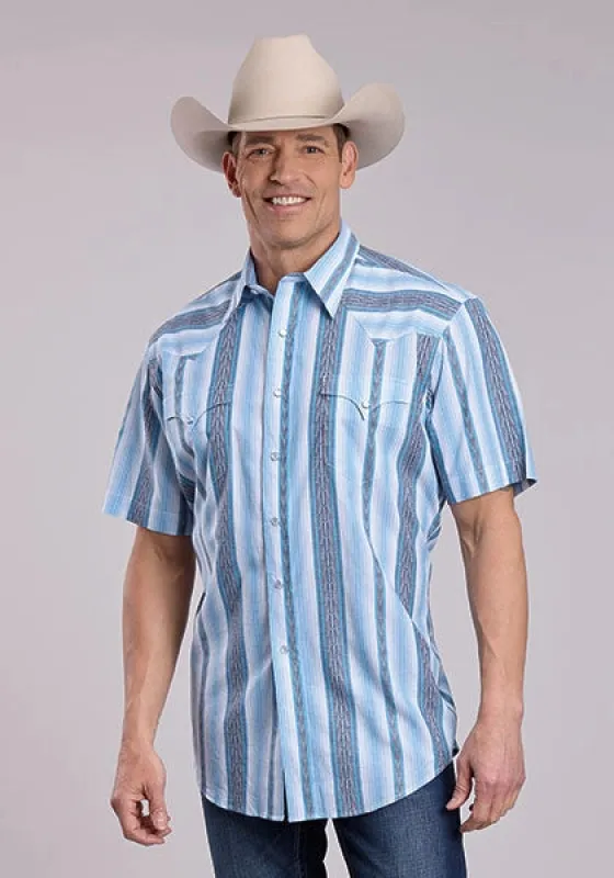 Roper 2832 Vertical Stripe (Blue) - Men's Short Sleeve Shirt made by Roper