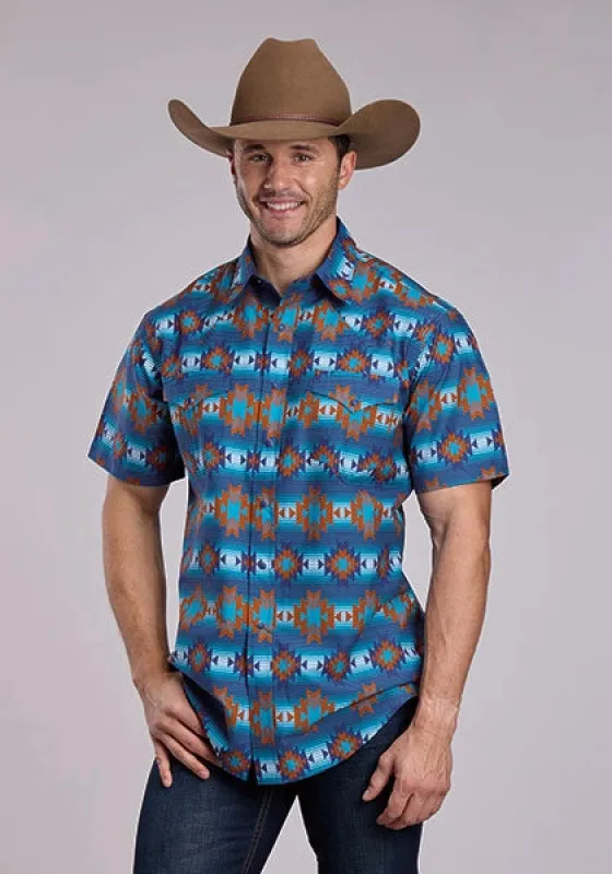 Roper 2835 Serape Stripe (Blue) - Men's Short Sleeve Shirt made by Roper