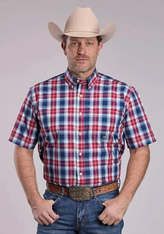 Roper 2888 American Plaid (Blue) - Men's Short Sleeve Shirt made by Roper