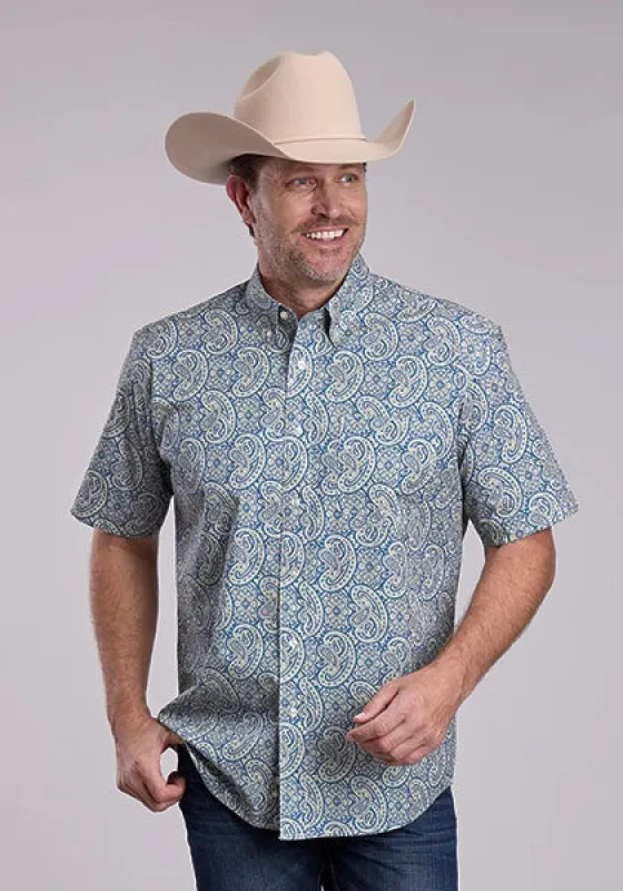 Roper 2884 Line Paisley (Blue) - Men's Short Sleeve Shirt made by Roper