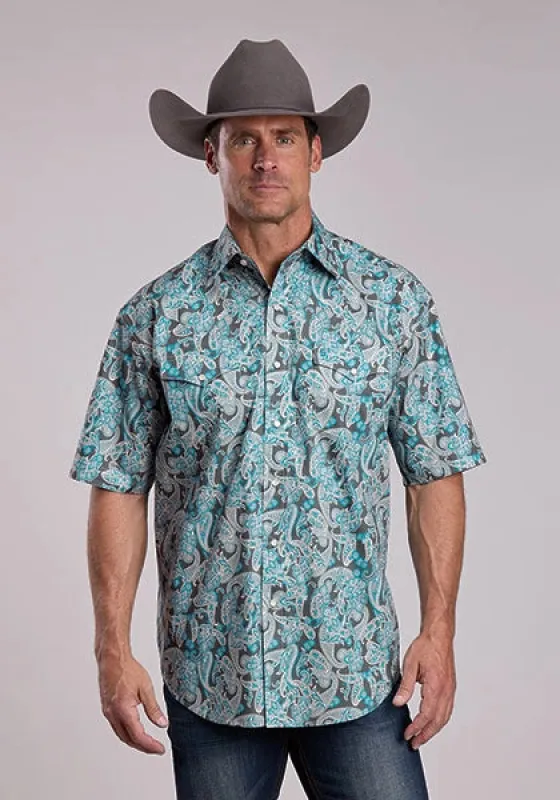 Stetson 2868 Paisley Poplin (Turquoise) - Men's Short Sleeve Shirt made by Stetson