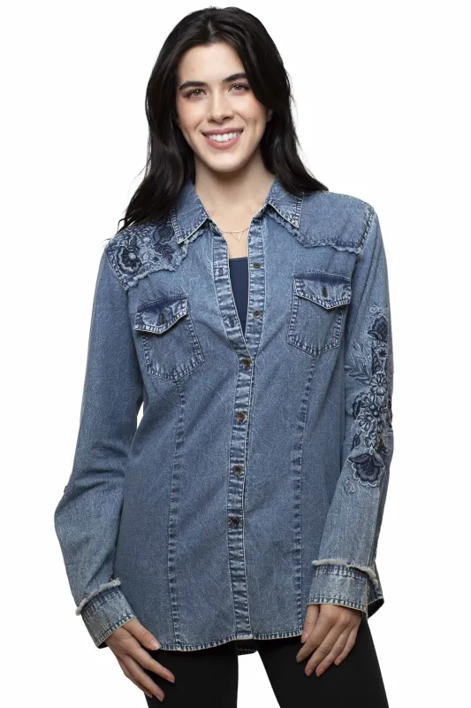 Honey Creek Floral Embroidery - Women's Denim Shirt made by Scully
