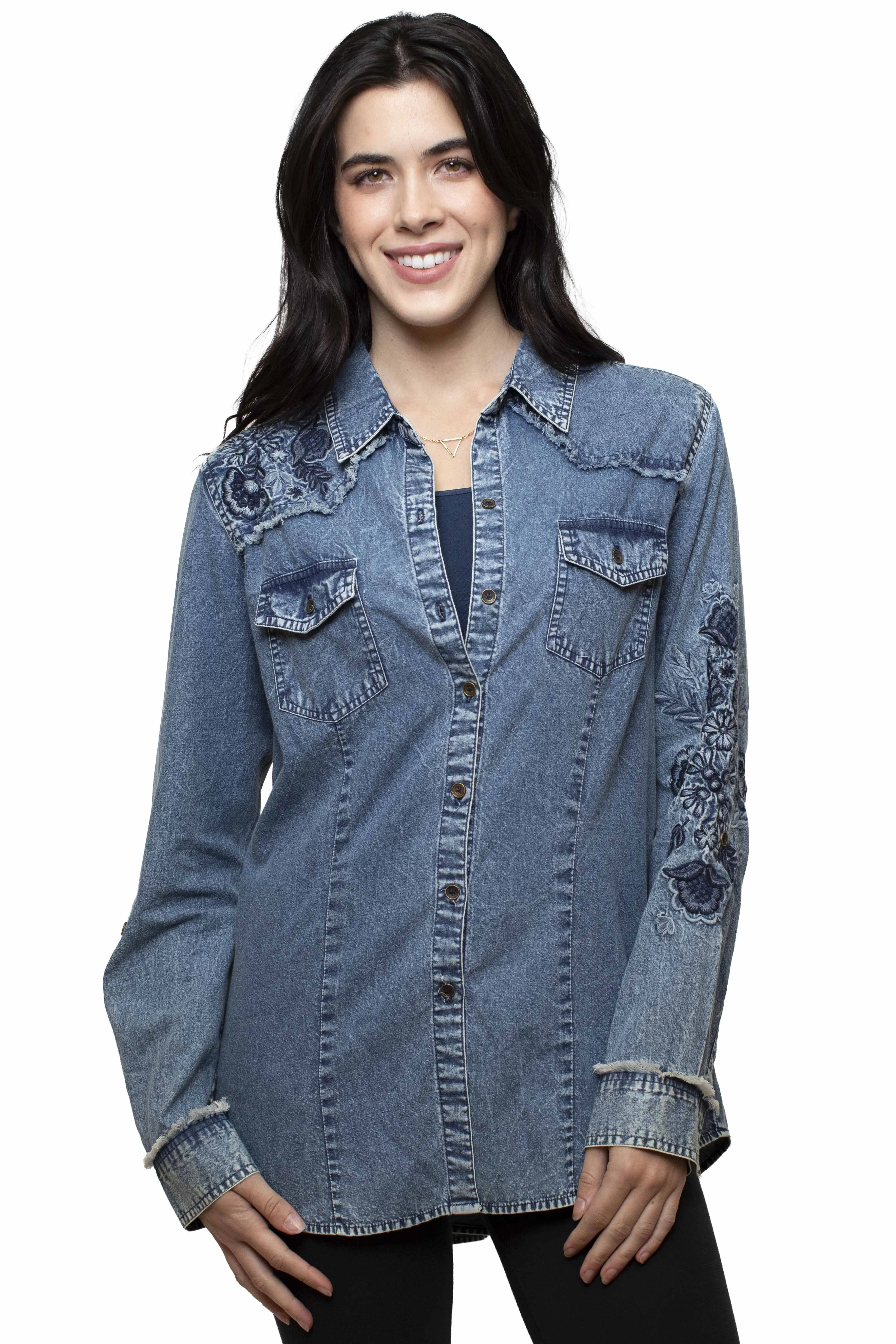 Honey Creek Floral Embroidery - Women's Denim Shirt sold by Hat Country