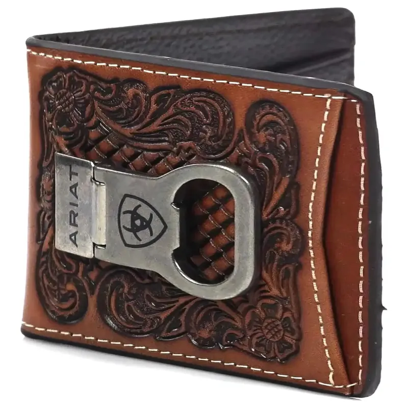 Ariat Embossesd Floral Basketweave - Men's Bi-Fold Money Clip Wallet made by Ariat