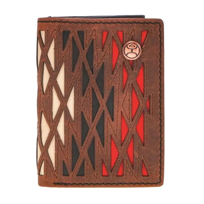 HOOey Triangular Laser Cut with Inlay (Black/Red/Ivory) - Men's Trifold Wallet made by Hat Country