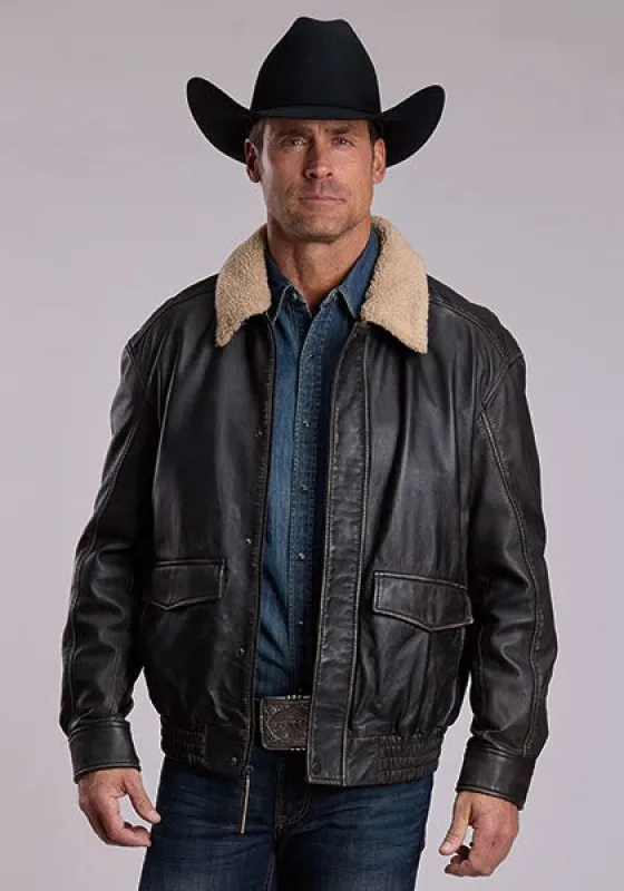 Stetson Antique Aviator (Black) - Men's Leather Bomber Jacket made by Stetson