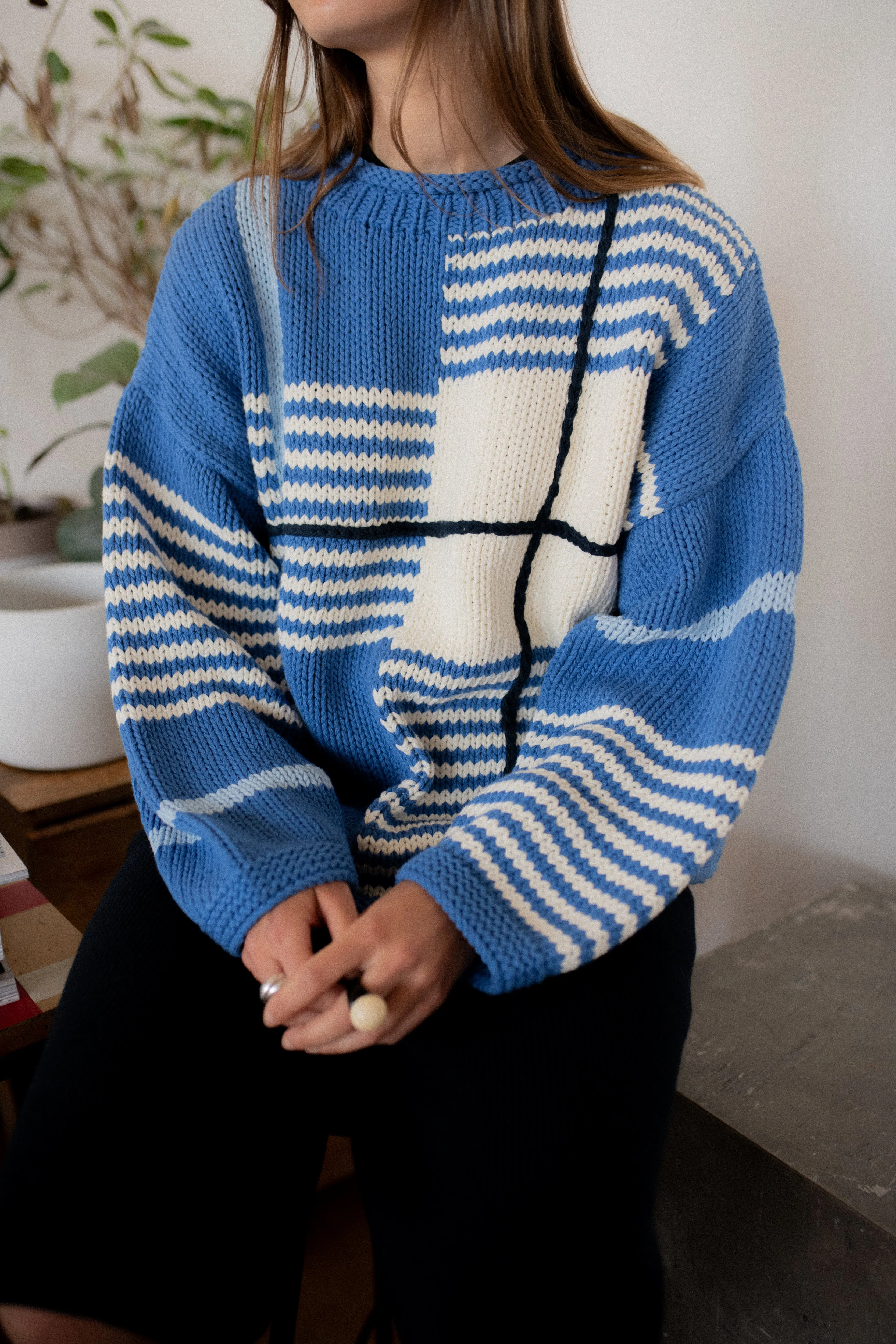 Checked Handknit Jumper - Blue sold by The Slow Love