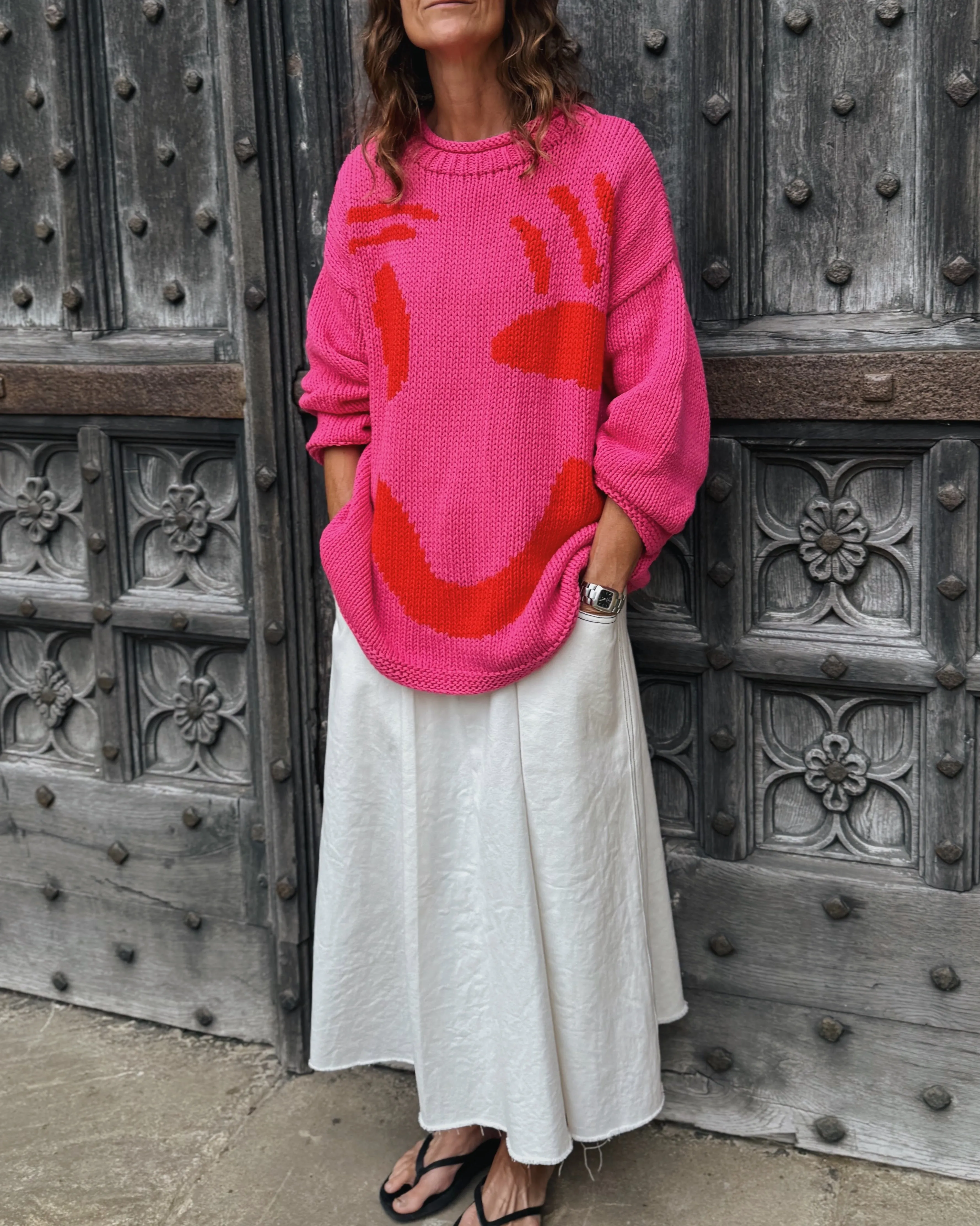 The FEEL GOOD Hand Knit Jumper Pink & Red sold by The Slow Love
