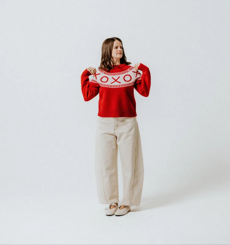 SAMPLE SALE - XOXO Merino Wool Yoke Fair Isle Jumper - Red/Blush made by The Slow Love