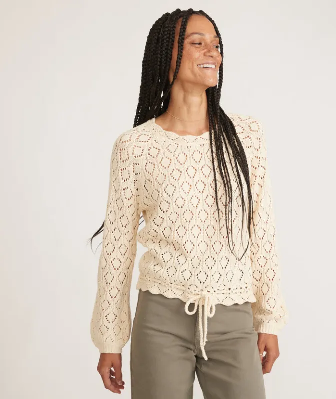 Marine Layer Manzanita Crochet Fringe Sweater Warm Antique White made by Marine Layer