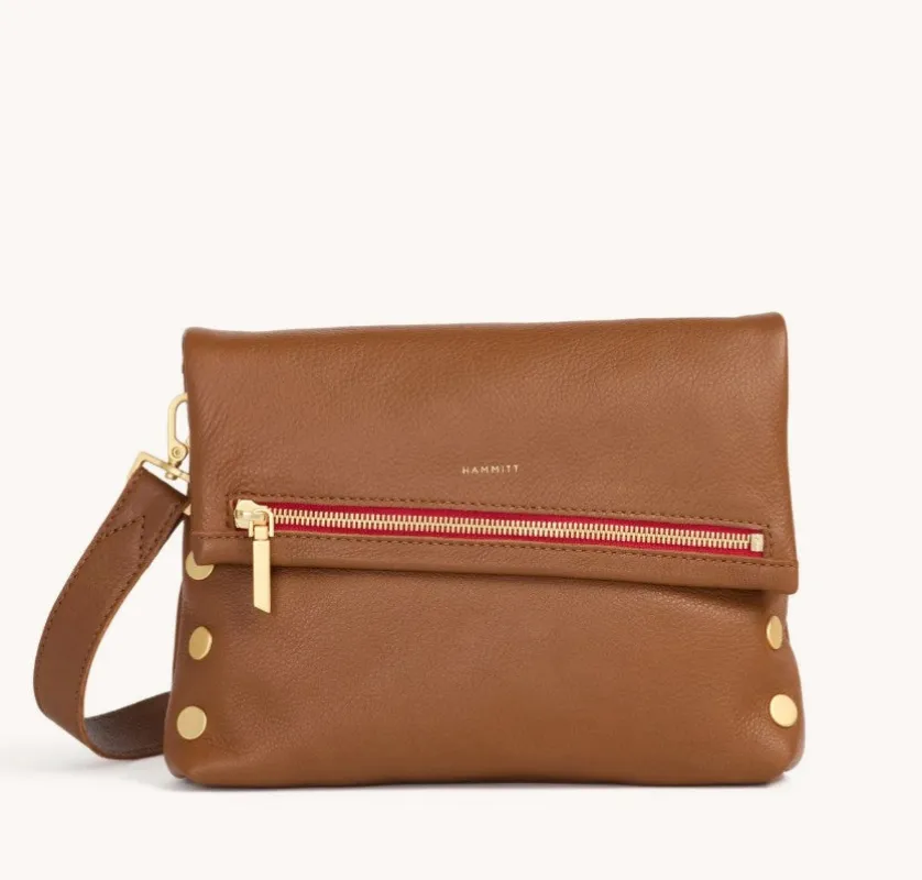 Hammitt VIP Crossbody Covertible Clutch Bag Mahogany/Brushed Gold/Red Zip made by Hammitt
