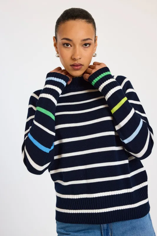Brodie Wispr Liberty Stripe Crewneck Sweater Navy/Ivory/ Multi made by Murray's Toggery Shop