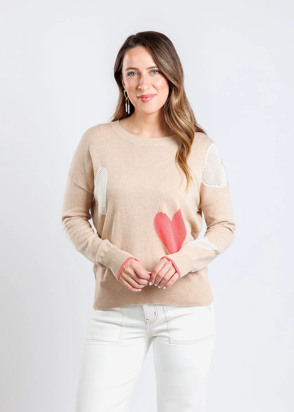 Brodie Cashmere Quirky Heart Victory Crew Sweater Crema/Ice Water/Flamingo sold by Murray's Toggery Shop
