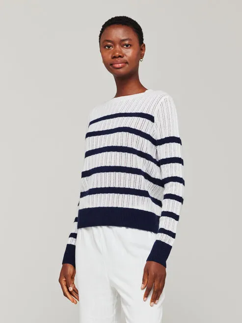 Brodie Cashmere Breton Stitch Crew Sweater White/Navy sold by Murray's Toggery Shop