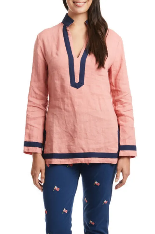 Castaway Tunic Top Nantucket Red Linen w/ Navy Trim made by Murray's Toggery Shop