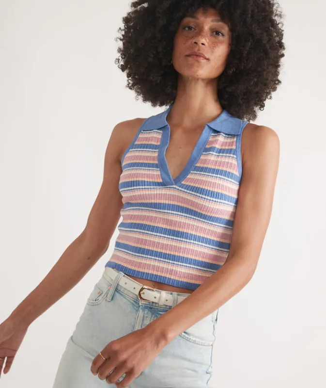 Marine Layer Amelia Rib Polo Indigo Multi Stripe made by Marine Layer