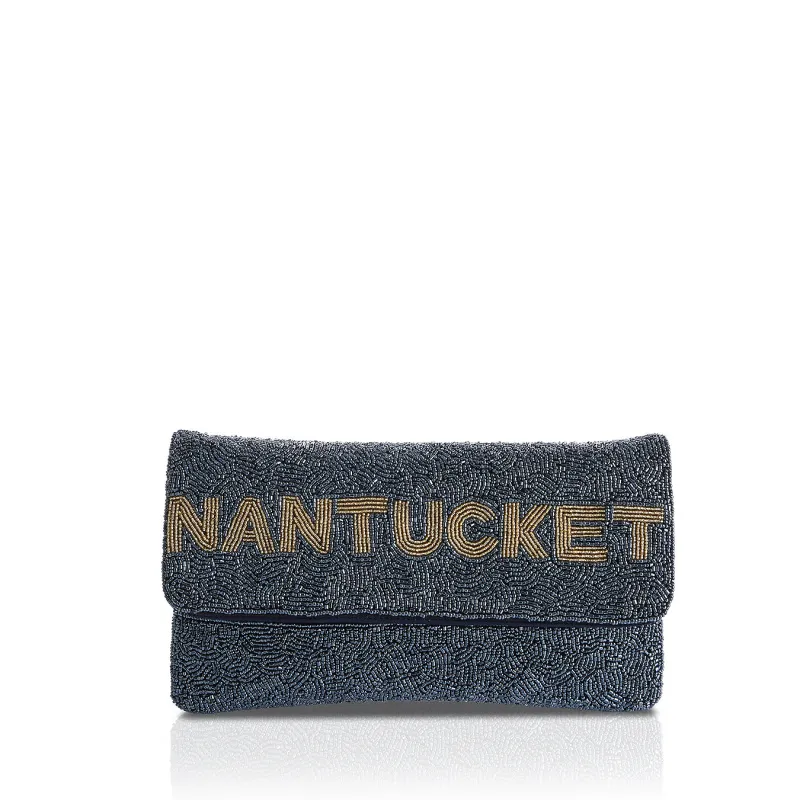 Navy Beaded Clutch w/ NANTUCKET Gold made by Murray's Toggery Shop