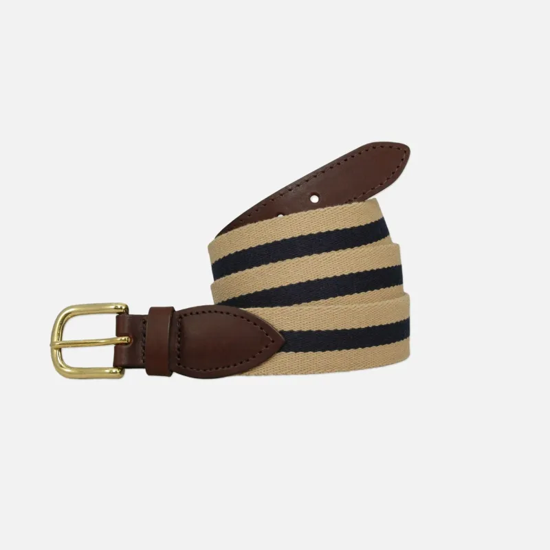 YRI Men's Belt - Tan With Navy Surcingle Stripe made by Murray's Toggery Shop