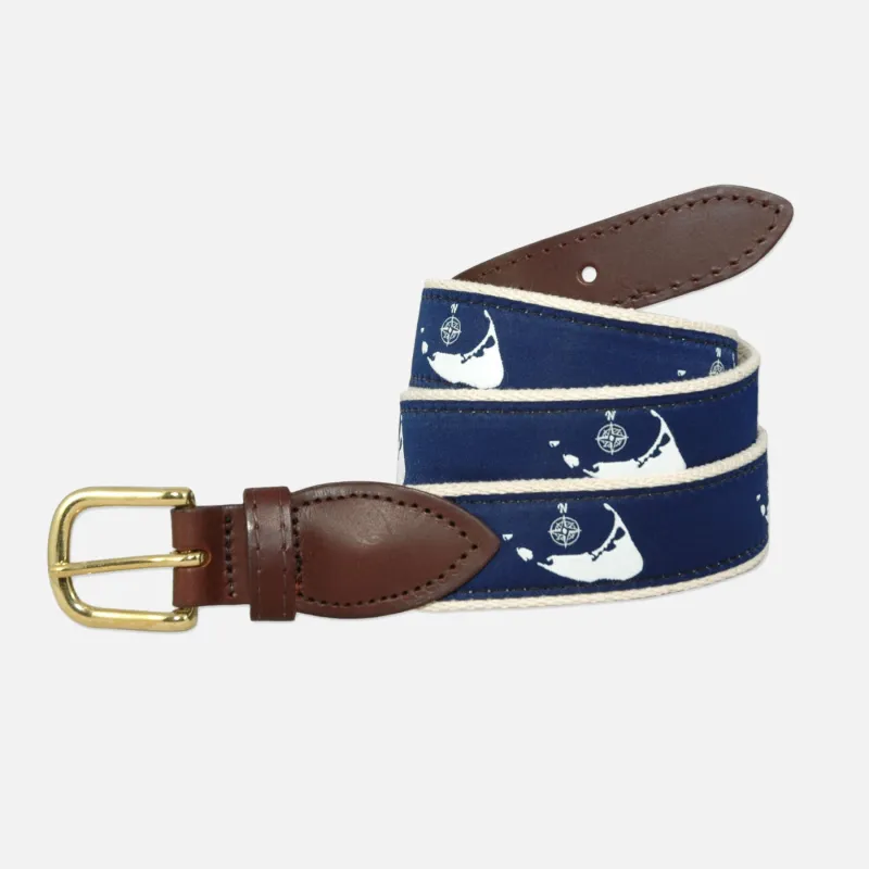 YRI Men's Ribbon Belt Nantucket Compass - White on Natural Webbing made by Murray's Toggery Shop
