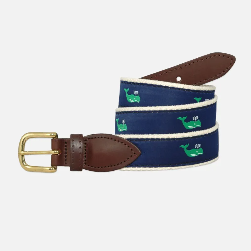 YRI Men's Ribbon Belt - Green Whales on Natural Webbing made by Murray's Toggery Shop