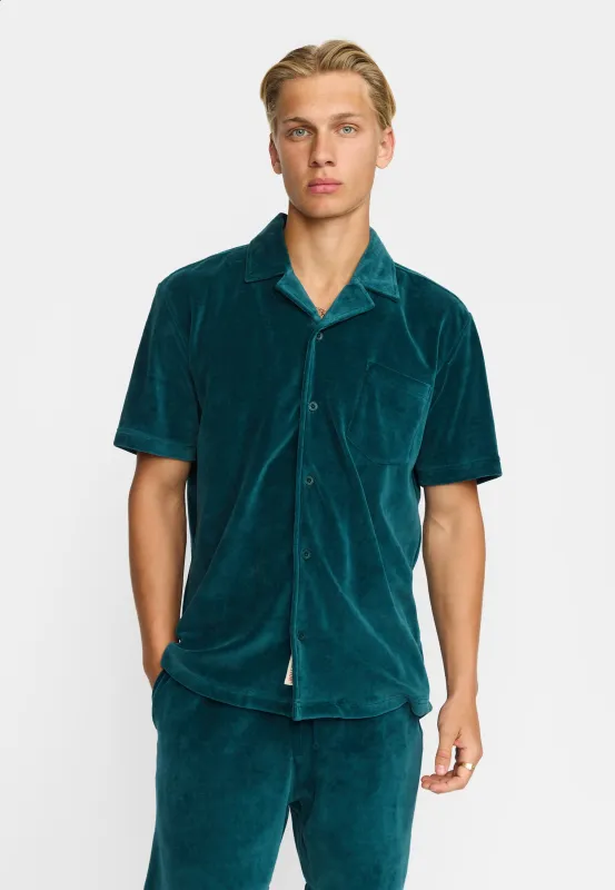 Velour Short-sleeved Cuban Shirt / 3233 - Darkpetrol made by Revolution