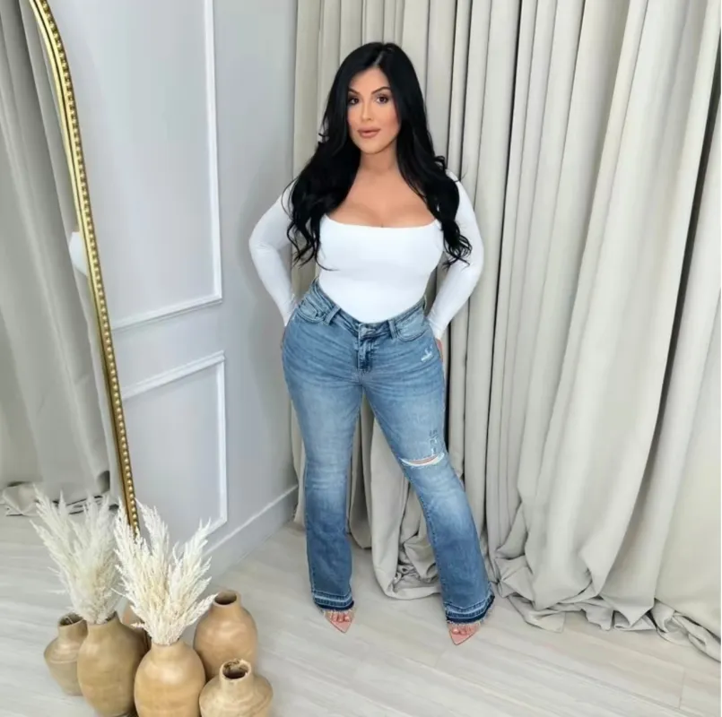 Brenda Judy blue extreme comfort mid rise Destroy & released hem boot cut sold by Glamour Fashion