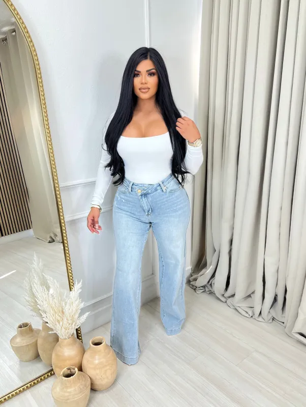 Chrissy Judy Blue High Waist Retro Wide Criss-Cross Wide Bottom Mild Destroy sold by Glamour Fashion