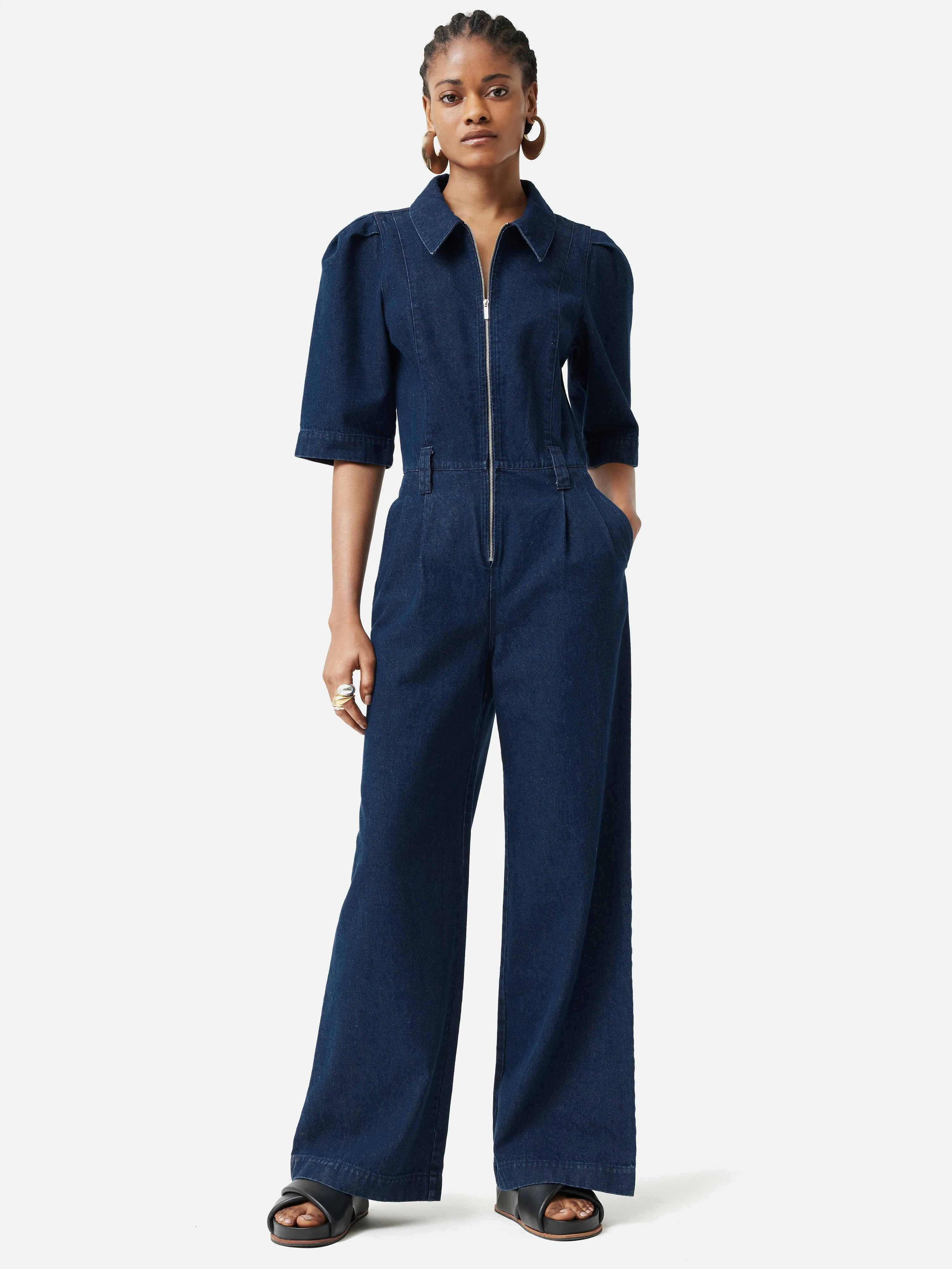 Denim Zip Front Jumpsuit | Indigo sold by Jigsaw