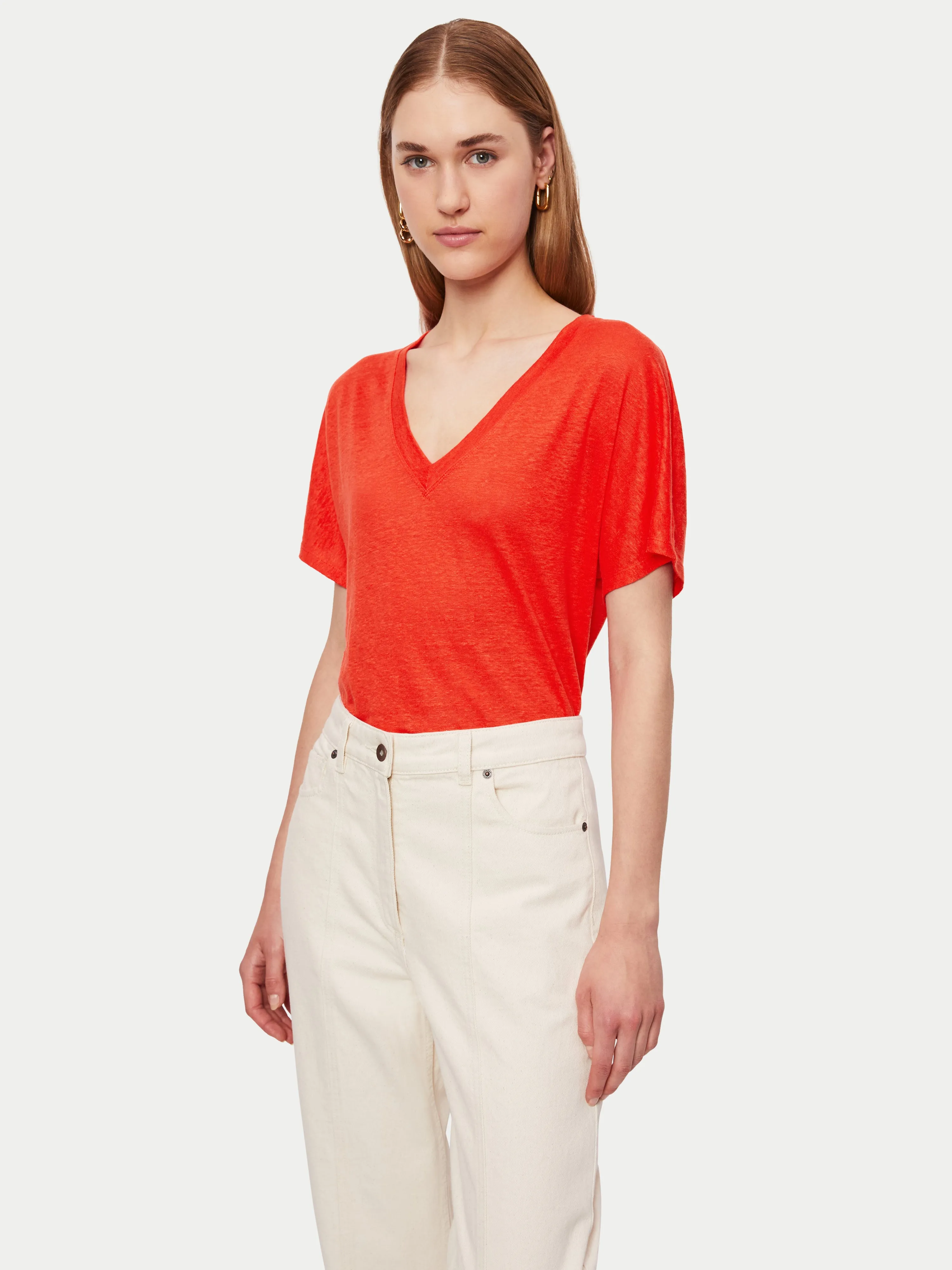 Linen V Neck Short Sleeve Tee | Red sold by Jigsaw