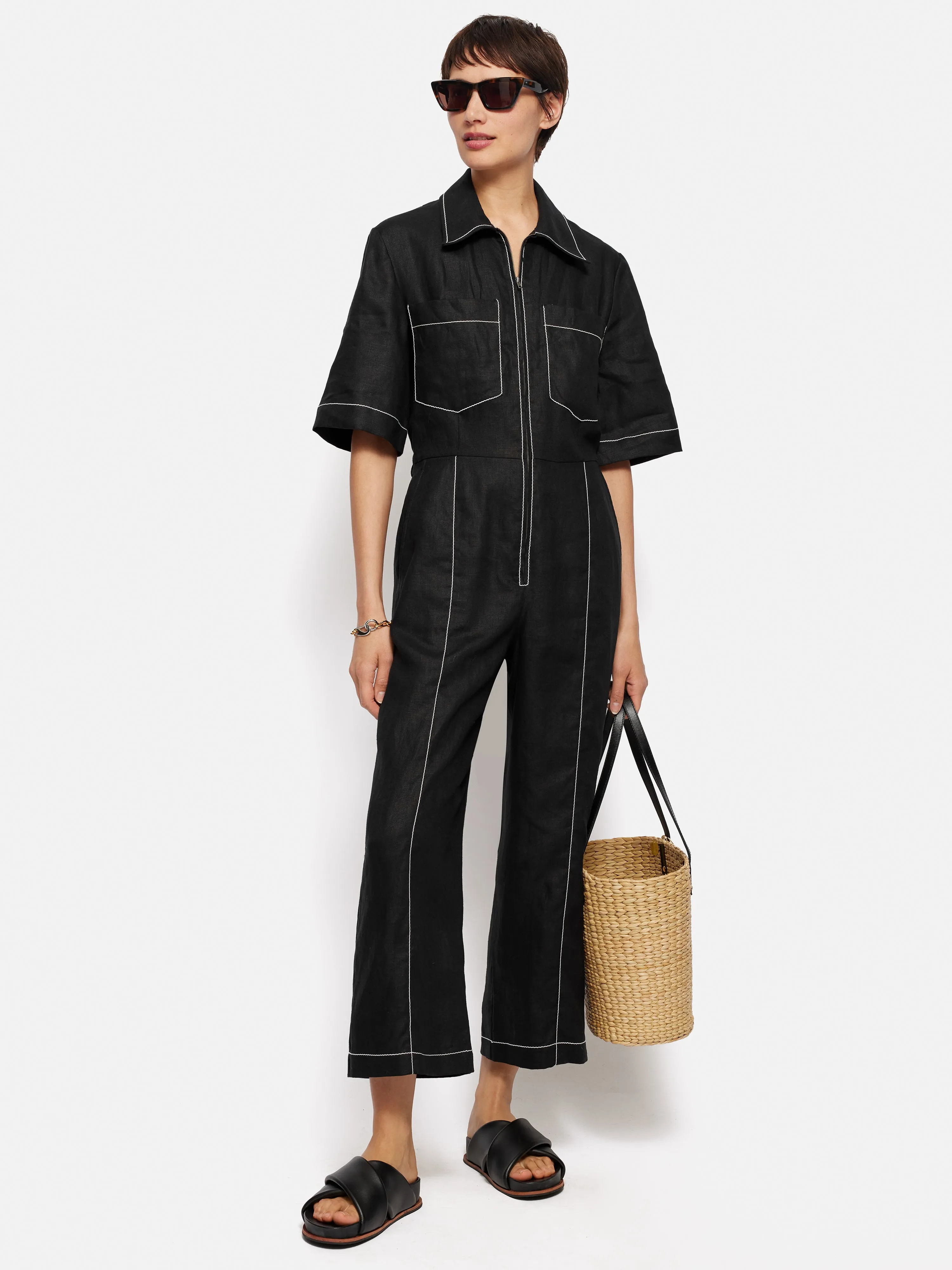 Linen Contrast Stitch Jumpsuit | Black sold by Jigsaw